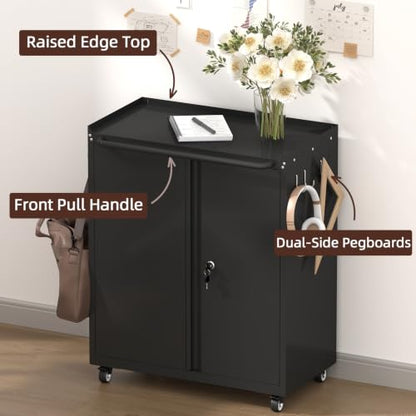 Metal Cabinet with Wheels, Steel Cabine with Locking Doors, Small Cabinet with Adjustable Shelf, Tool Cabinets for Garage, Suitable for Home Office, Garage, Office - color: 32"h - Black