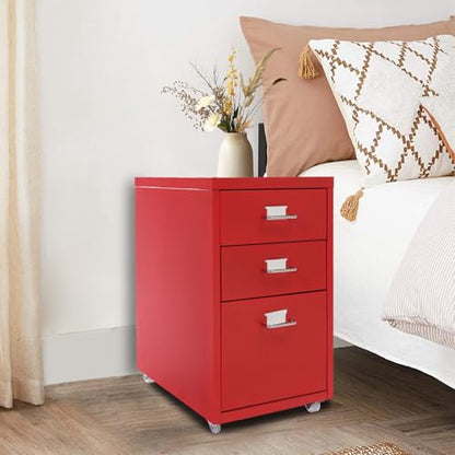 3 Drawers File Cabinet, 16 * 11 * 18.9In Aluminum Alloy Mobile Filing Cabinet Rolling Filing Cabinets Rectangular Storage Cabinets with Lock&4 Wheels for Kitchen Bedroom Living Room (Red) - color: Red