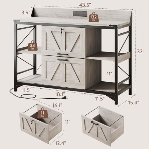 44" File Cabinet, Lateral Filing Cabinet for Home Office with 2 Drawers, Office Storage Cabinet with Lock and Key, Wooden Printer Stand with 4 Storage Shelves and Power Outlets, Office Furniture, Grey - color: Grey