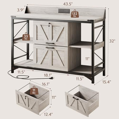 44" File Cabinet, Lateral Filing Cabinet for Home Office with 2 Drawers, Office Storage Cabinet with Lock and Key, Wooden Printer Stand with 4 Storage Shelves and Power Outlets, Office Furniture, Grey - color: Grey