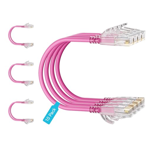 Cat6 Slim Patch Cables 2 Feet 10-Pack Pink, Cat6a Patch Cables 10Gbps 550MHz High-Speed, Cat 6 Ethernet Cable Pure Copper UTP, Flexible & Thin Patch Cable Cat 6 for Network Cabling - color: Pink, size: 2FT