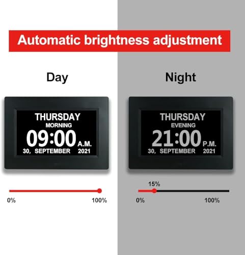 TMC 7 Inch Digital Clock with Day and Date for Elderly - 12 Alarm Options, Auto-Dim, Age Seniors,Elderly, Alzheimer - color: 7"-12 Alarm-black