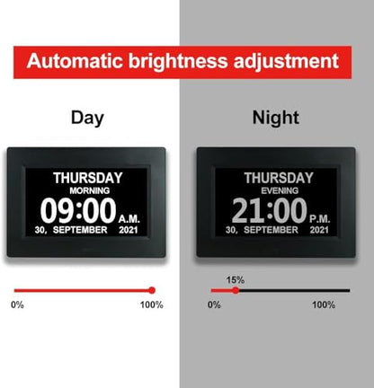TMC 7 Inch Digital Clock with Day and Date for Elderly - 12 Alarm Options, Auto-Dim, Age Seniors,Elderly, Alzheimer - color: 7"-12 Alarm-black