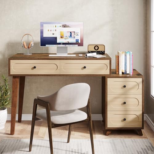 Tribesigns 51-Inch Computer Desk with 5 Drawers, Rustic Brown Office Desk with Reversible Drawer Cabinet, Wooden Study Writing Table Workstation with Storage for Small Spaces