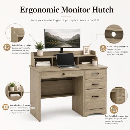 44 Inch Small Desk with Drawers, Computer Desk with File Drawer, Grey - color: Grey