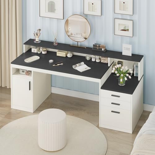 YOMILUVE 65" Computer Desk with 3 Drawers & Printer Shelf for Home Office - color: Black & White