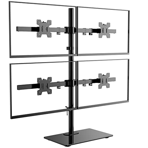 WALI Freestanding Quad Monitor Mount for 17-27 Inch Screens, Fully Adjustable 4 Monitor Stand with Swivel, Tilt, Rotation, Glass Base, Max Load 22 lbs per Arm (GMF004), Black - color: Black (Glass Free Stand), size: Quad