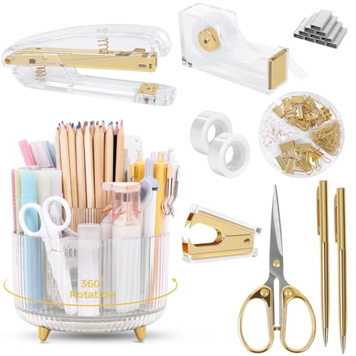 SKYDUE Gold Office Supplies Set with Pencil Holder for Desk | Gold Desk Accessories with Gel Pen, Stapler, Tape Dispenser, Scissors,Clips and 1000pcs Staples, Office Decor for Women - color: Gold