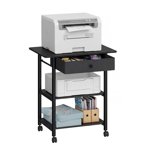 VASAGLE 3-Tier Printer Stand with Locking Wheels, Under Desk Printer Table - color: Ebony Black, size: 3 Tiers with Drawer