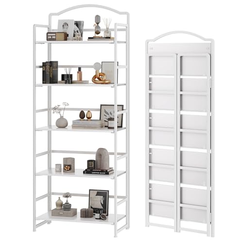 JSB 5 Tier No Assembly Folding Bookshelf, Arched Bookshelf, Foldable Bookcase for Living Room, Bedroom, Office,Skinny Bookshelf (All White) - color: All White, size: 5-Tier