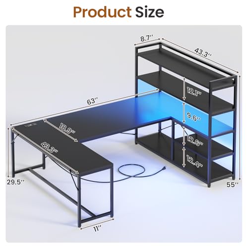 SEDETA L Shaped Gaming Desk, 63'' Reversible Computer Desk with Power Outlet and Storage Shelves, Corner Gaming Desk with LED Lights, Bookshelf for Home Office, Black - color: Black