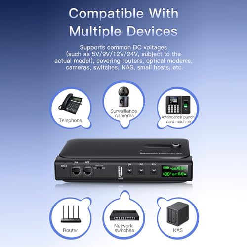 Mini UPS Battery Backup, 36W Uninterruptible Power Supply with DC 5V/9V/12V USB 5V LAN POE 15/24V Output and Real Time Monitoring Display for WiFi Router, Modem, Camera (US Plug 110V)