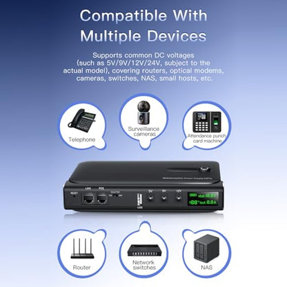 Mini UPS Battery Backup, 36W Uninterruptible Power Supply with DC 5V/9V/12V USB 5V LAN POE 15/24V Output and Real Time Monitoring Display for WiFi Router, Modem, Camera (US Plug 110V)