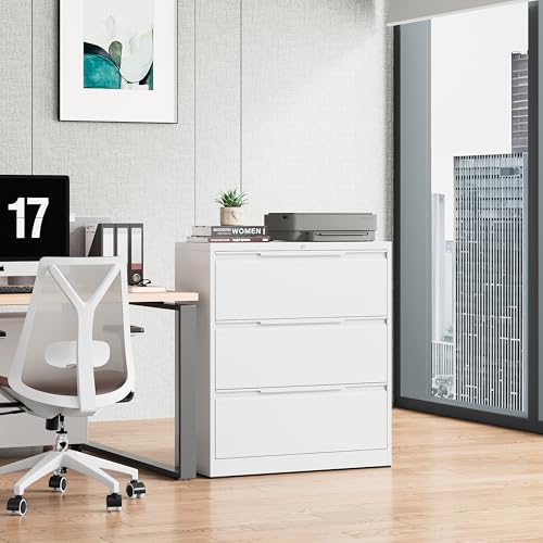Bestoo 3 Drawer File Cabinet, Metal Lateral Filing Cabinet with Lock - color: White, size: 3 Drawer 15.7"D x 35.4"W x 40"H