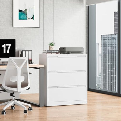 Bestoo 3 Drawer File Cabinet, Metal Lateral Filing Cabinet with Lock - color: White, size: 3 Drawer 15.7"D x 35.4"W x 40"H