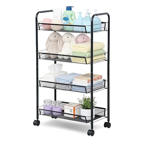 LOFTEY 4 Tier Rolling Cart, Small Metal Utility Cart with Wheels, Black | 10.2" Slim Width, Four Mesh Baskets, 15 lb Load Capacity per Basket, Tool-Free Assembly, Ideal for Bathroom & Snack Storage