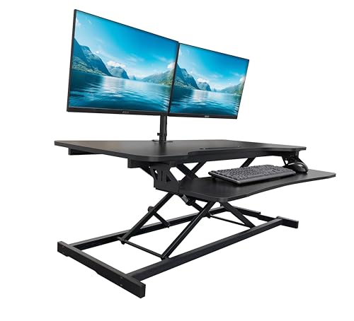 Rocelco 43" Height Adjustable Standing Desk Converter with Dual Monitor Arm Mount - Tall Stand Up Tabletop Riser and Tablet Slot - Computer Workstation - Deep Keyboard Tray - Black (R VADRB-43-DM2) - color: Black, size: 43", style: Riser + Dual Mount