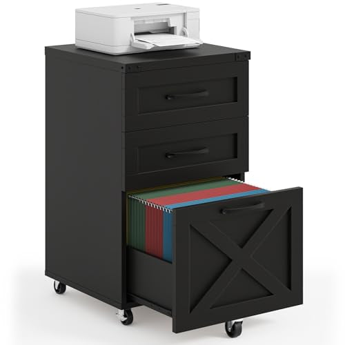 Halitaa Farmhouse 3 Drawer Small File Cabinet with Wheels, Black | Vertical Filing Cabinet Fits A4 or Letter Size, Wooden Printer Stand, Under Desk Rolling File Cabinet for Home Office - color: Rustic Black