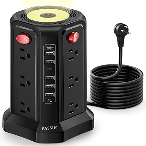 Surge Protector Power Strip Tower with 5 USB Ports Black | Night Light 10FT Extension Cord with 12 AC Multiple Outlets Power Tower Overload Protection for Home Office Essentials - color: Black-5 USB A