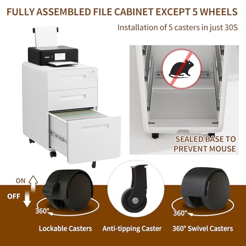 3 Drawer Mobile File Cabinet with Lock, 4 Keys and 25 Letter File Folders | Heavy-Duty Steel Rolling Filing Cabinet Pre-Assembled Under Desk for Home Office Letters/Legal/A4 Hanging File Folders - color: White, size: 23.8"H*15.7"W-3 Drawers(25 letter fold