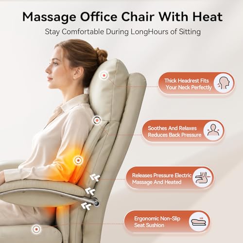 Massage Office Chair with Foot Rest Ergonomic Heated Desk Chairs | High Back PU Leather Massage Recliner with Lumbar Support 155° Reclining Swivel Wheels Computer Chairs for Home Office, White - color: Whtie