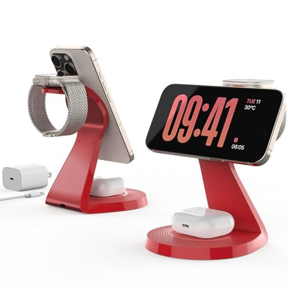 LONGCONN 3 in 1 Wireless Charging Station for Apple Devices with MagSafe - color: Red