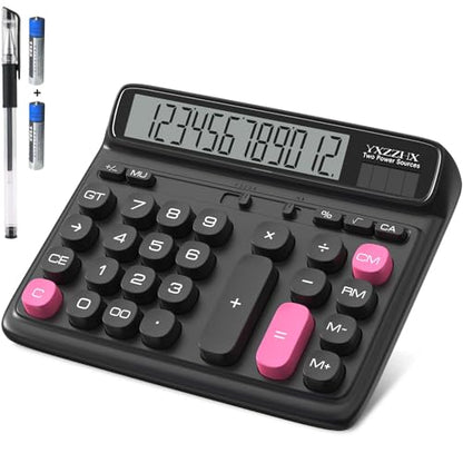 Desktop Calculator with Extra Large 5-Inch LCD Display, 12-Digit Two Way Power Solar & Battery Office Calculator with Big Buttons for Business, Accounting & Home Use(Black) - color: Black