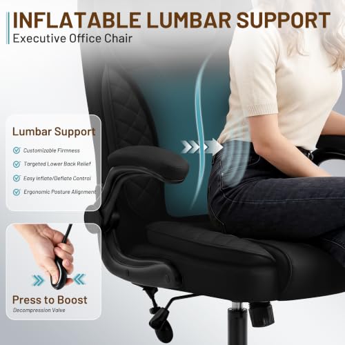 Ergonomic Office Chair, PU Leather High Back Executive Chair with Adjustable Inflatable Lumbar Support and Padded Flip-Up Arms, Recline Swivel Task Computer Chair for Home Office, Black - color: Black