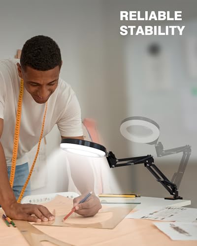 Magnifying Glass with Light, 10X & 5X Real Glass & Anti-Glare Lens, 5 Color Mode Stepless Dimmable LED Desk Magnifying Lamp, Hands-Free Desk Lamp with Clamp for Crafts Reading Repair Hobby (White)