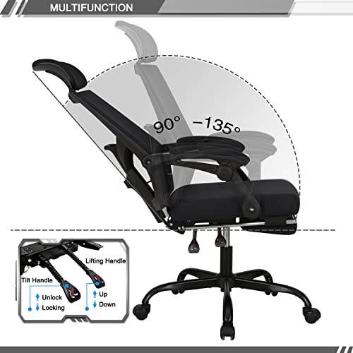 Qulomvs Mesh Ergonomic Office Chair with Footrest Home Office Desk Chair with Headrest and Backrest 90-135 Adjustable Computer Executive Desk Chair with Wheels 360 Swivel Task Chair - color: Black With Footrest