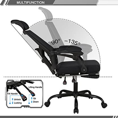 Qulomvs Mesh Ergonomic Office Chair with Footrest Home Office Desk Chair with Headrest and Backrest 90-135 Adjustable Computer Executive Desk Chair with Wheels 360 Swivel Task Chair - color: Black With Footrest