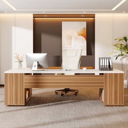 Tribesigns 85.8-Inch L-Shaped Executive Desk, Extra Large Home Office Desk - color: White & Brown