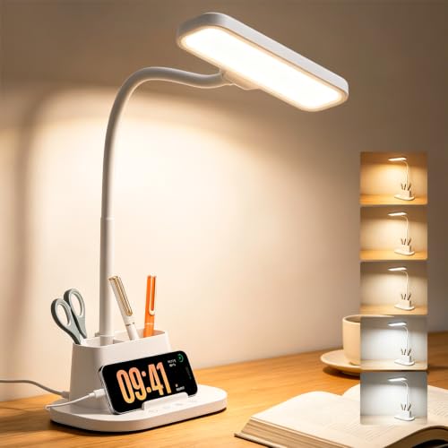 LED Desk Lamp for Dorm Small Desk Lamp with Pen Holder 5 Color Modes White | Dimmable Touch Control, USB Charging Port, Eye-Caring Reading Light for Home Office Table Study College Room Students - color: White