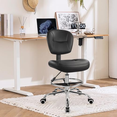 WKWKER Drafting Chair with Back Footrest Adjustable Office Chair (Black) | Drafting Stool with Backrest Adjustable Task Chair Armless Swivel Universal Chair for Lab Kitchen Salon Bar Counter Studio