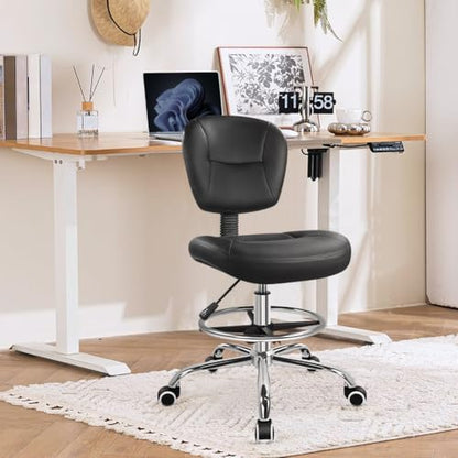 WKWKER Drafting Chair with Back Footrest Adjustable Office Chair (Black) | Drafting Stool with Backrest Adjustable Task Chair Armless Swivel Universal Chair for Lab Kitchen Salon Bar Counter Studio