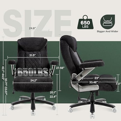 650lbs Big and Tall Office Chair with Thick Spring Cushion,5D Flip Arm Ergonomic Executive Office Chair Adjustable Lumbar Airbag&Extra Wide,Comfy Large Padded Heavy Duty Game Chair,Blackcloth - color: Blackcloth