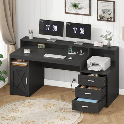 65" Farmhouse Computer Desk with Drawers and Printer Stand for Home Office - color: Black