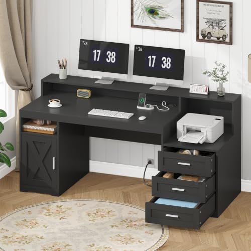 65" Farmhouse Computer Desk with Drawers and Printer Stand for Home Office - color: Black