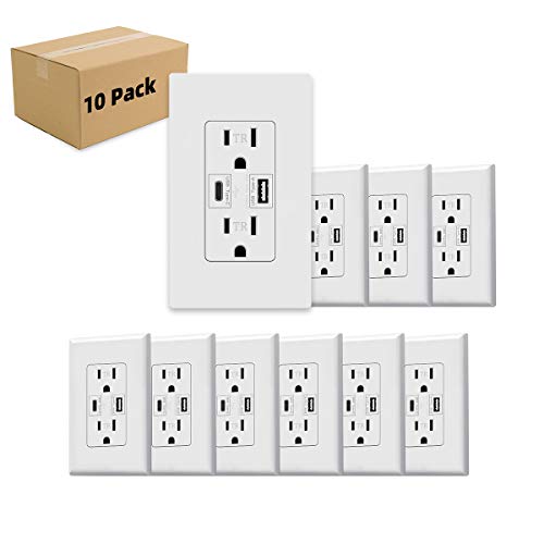 Micmi USB C Outlet PD 24W Power Delivery Type C + A Receptacle 4.8A, Receptacle in-Wall 15 A 125 Volt Tamper-Resistant w/Screwless Wall Plate UL Listed (10Pack, White, 15 Amp Outlet) - color: White, size: 15 Amp Outlet