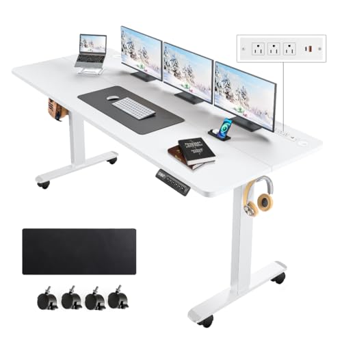 63''×24'' Electric Standing Desk with Power Outlets & Wheels, White - color: White, size: 63×24''