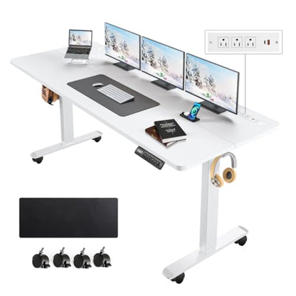 63''×24'' Electric Standing Desk with Power Outlets & Wheels, White - color: White, size: 63×24''