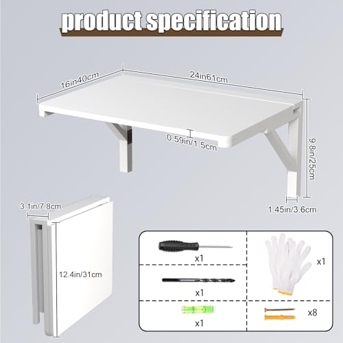 MM MELISEN Wall Mounted Folding Table, 23.6"L x 15.7"W, White, Space-Saving Design - color: White, size: 60X40CM/24X16IN