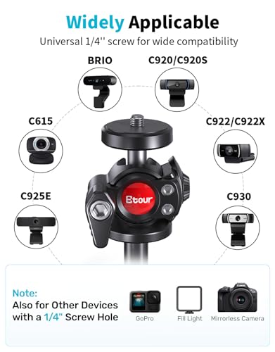 Webcam Stand for Desk, 360° Ballhead, Height Adjustable Tripod, 1/4 Thread | Stable Metal Base, With Phone Holder, Fits Logitech C922/C930e/C920/C920x/C615/C960/BRIO 4K, NexiGo N60, GoPro, Easy Setup - size: 9.2–15.5"H (7.09" dia base)