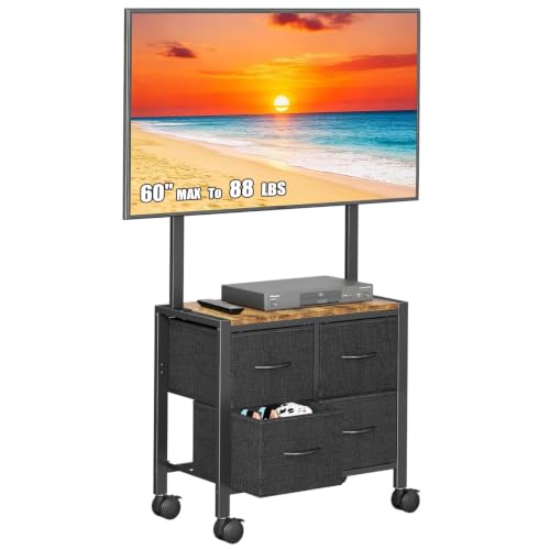 Cottage Charm Mobile TV Cart Rolling TV Stand Holder with 4 Drawer, for 23-60 inch Flat/Curved Screens,Portable Corner Floor TV Stand on Wheels, Holds Up 88Lbs with Wood Shelf, for Living Room Bedroom