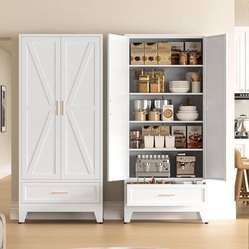 COFaR Metal Storage Cabinet, Farmhouse Storage Cabinet with 2 Doors and 4 Adjustable Shelves - 71" White Kitchen Pantry Storage 5-Tier Tall Steel Cabinets Locker for Kitchen, Living Room, Dining Room - color: White, size: 71" Farmhouse Drawer