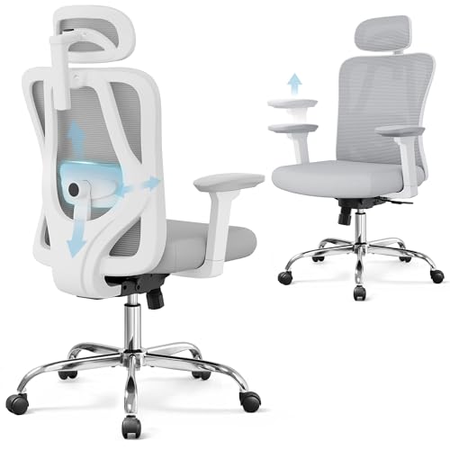 DEVAISE Ergonomic Mesh Office Chair with Adjustable 3D Headrest and Tilt Function, Big and Tall Reclining Comfy Home Computer Desk Chair with Lumbar Support and 3D Armrests, White