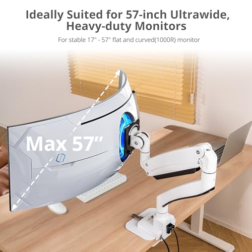 SIIG Heavy-Duty Monitor Arm, 17"-57", 59.5 lbs, USB-C 100W, CE-MT3Z11-S1 | Mount a 17"-57" ultrawide monitor up to 59.5 lbs; top C-clamp or grommet mounting and USB-C 100W fit heavy-duty desks.