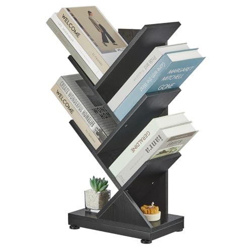 ruboka 5 Tier Tree Bookshelf, Small Bookcase, Black, 11.8"x7.4"x24" | Retro Narrow Bookshelves for CDs/Magazines, Book Shelf for Bedroom, Living Room, Office, Balcony, Study Room - color: Black, size: 5 Tier
