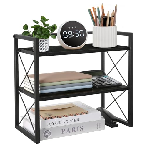 YINMIT Desktop Shelf Organizer, 2 Tier Office Shelves, Wood Desk Organizer Storage Rack and Freestanding Display Shelf for Office, Dormitory, Home(Black) - color: Black