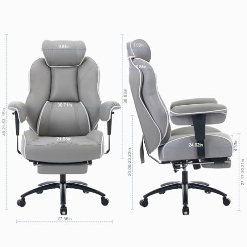 DJ·Wang Big and Tall Office Chair with Foot Rest, High Back Executive Office Chair PU Leather, Ergonomic Chairs with Lumbar Support, 135° Reclining Chairs with Thickened Spring Cushion Gray - color: Pu Gray